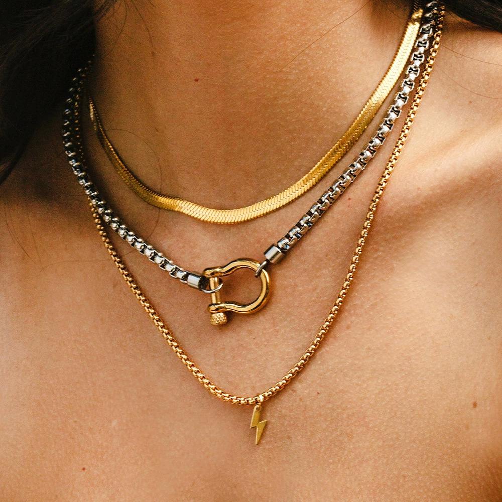 New style carabiner necklace 18K gold-plated stainless steel box chain necklace for couples men and women