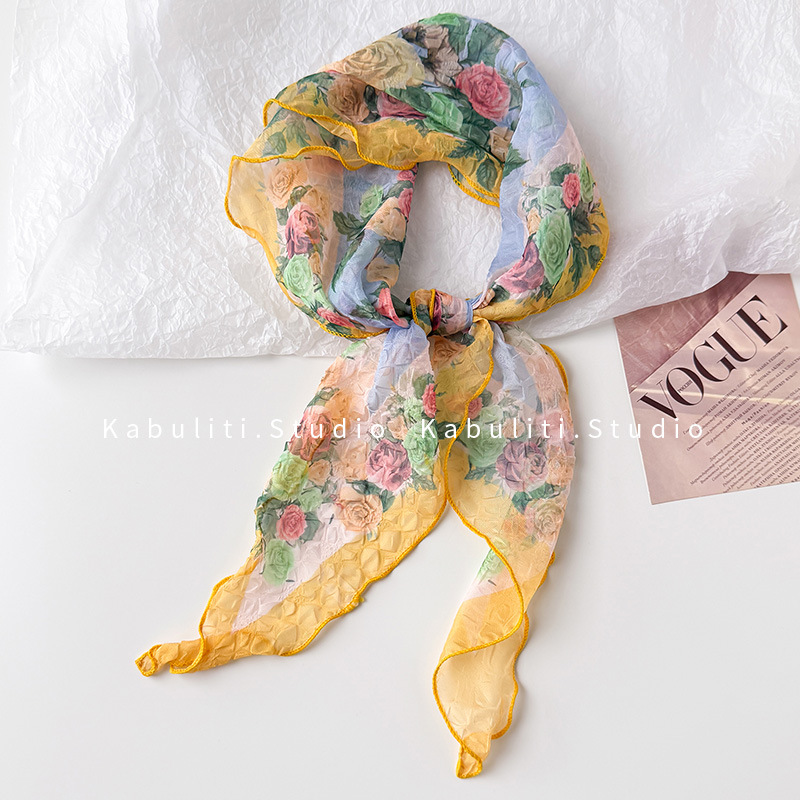 Oil painting wrinkled small triangle square scarf, silk scarf for women, neck protection mother matching shirt hair band neck scarf thin scarf