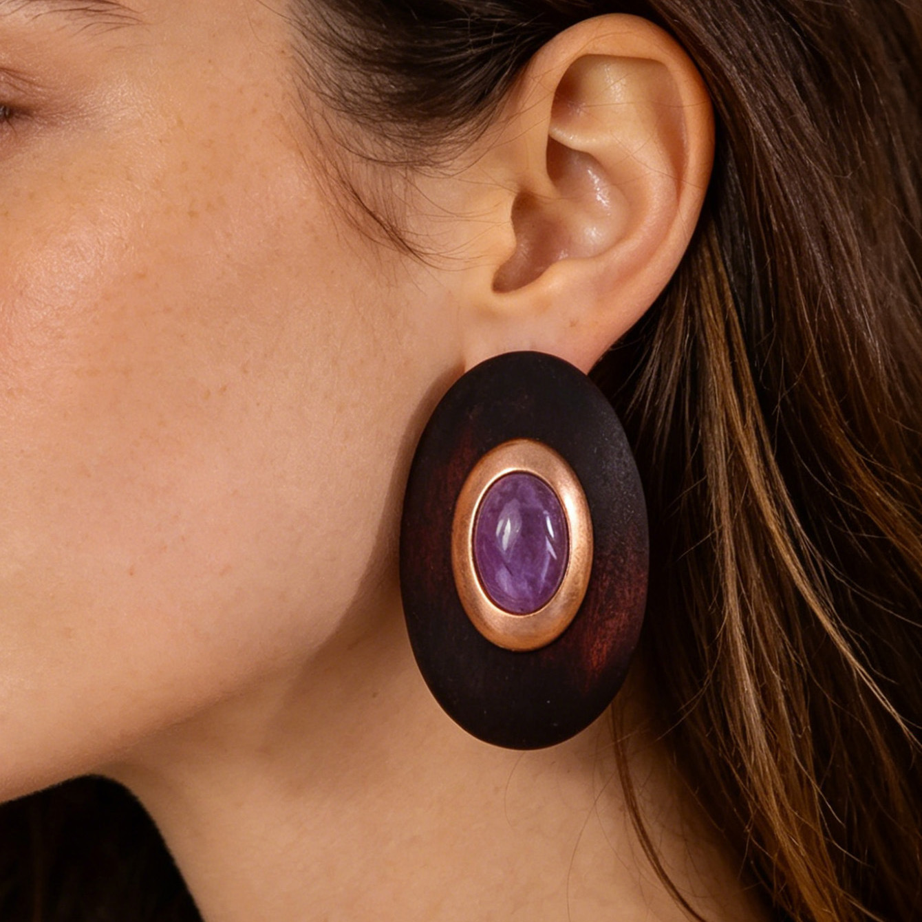 Original Design Wind Accessories Exaggerated Wood Oval Stone Metal Stud Earrings Women