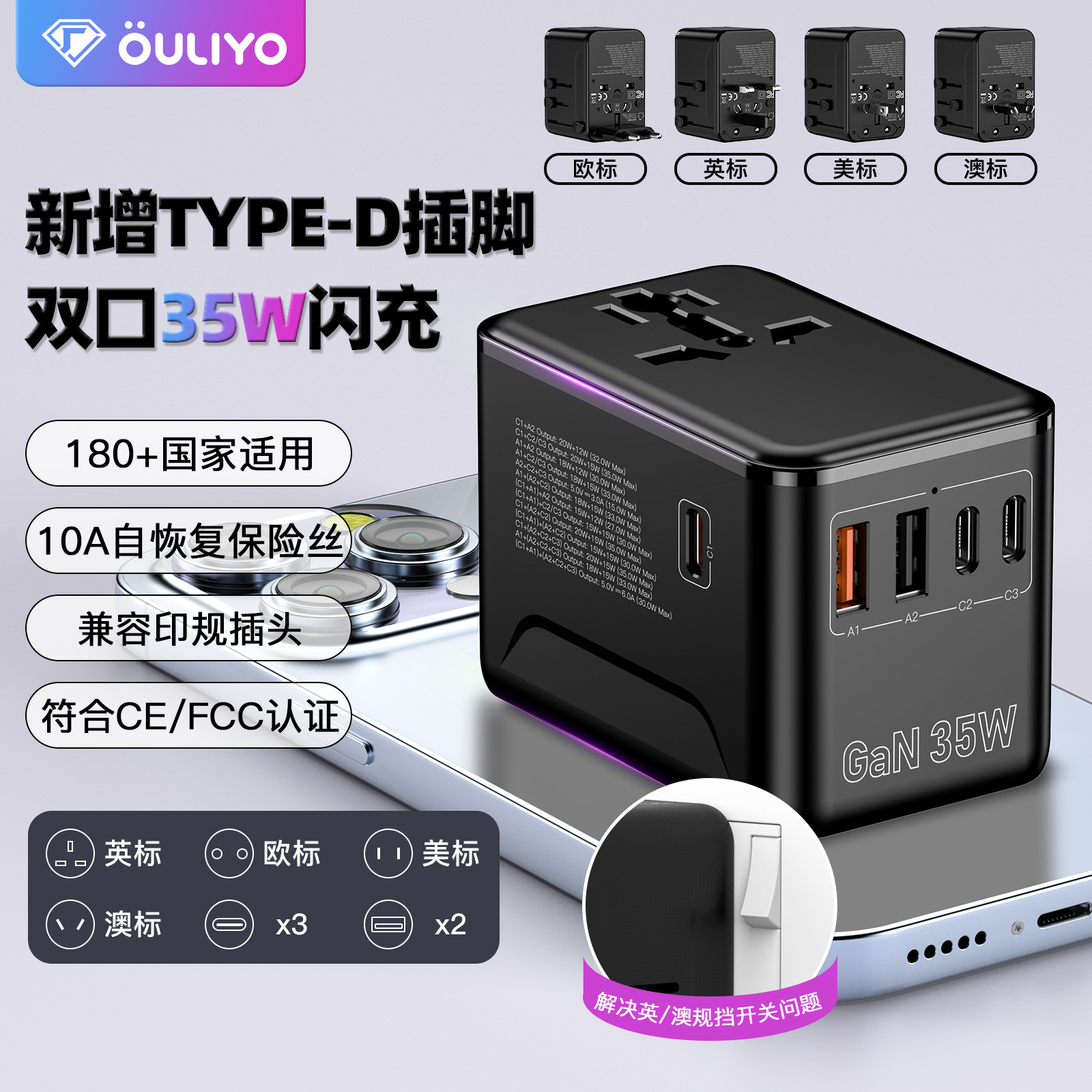 Multi-function Converter Socket GaN35W Multi-country Travel Adapter Plug Global Universal Charging Socket