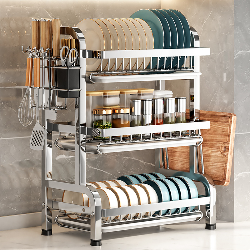 Stainless steel bowl rack three-layer bowl dish draining rack kitchen storage rack bowl plate storage rack multifunctional countertop bowl cabinet
