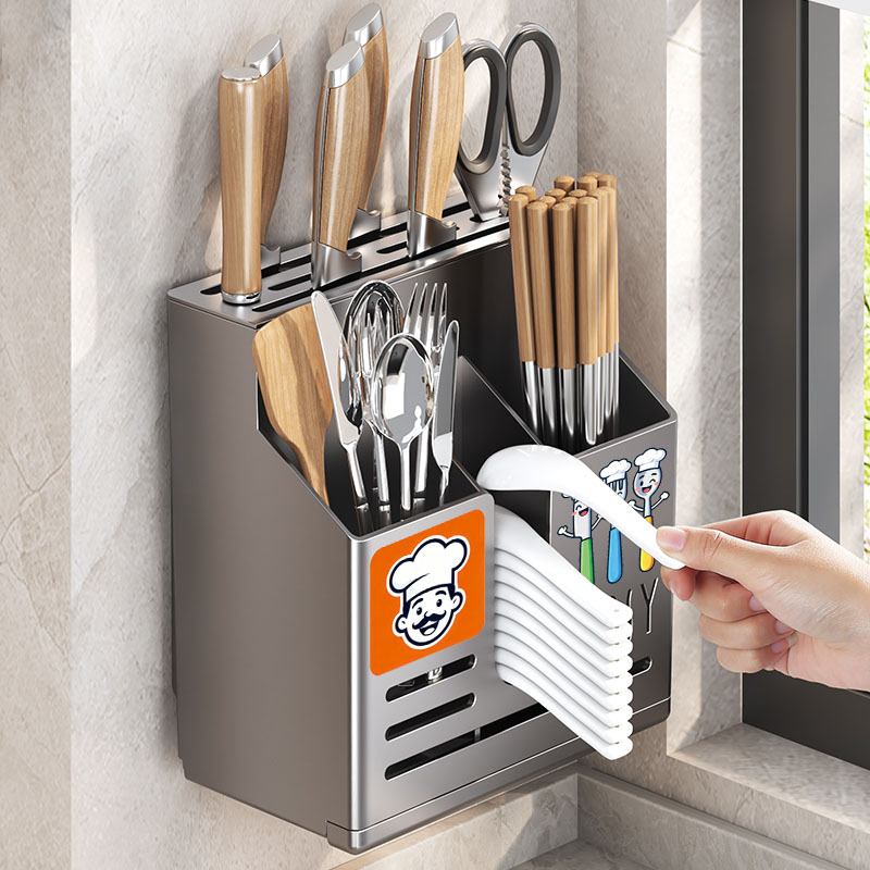 Multifunctional Kitchen Countertop Knife Holder Chopstick Tube Integrated Wall-Mounted Knife Rack Storage Box Organizer