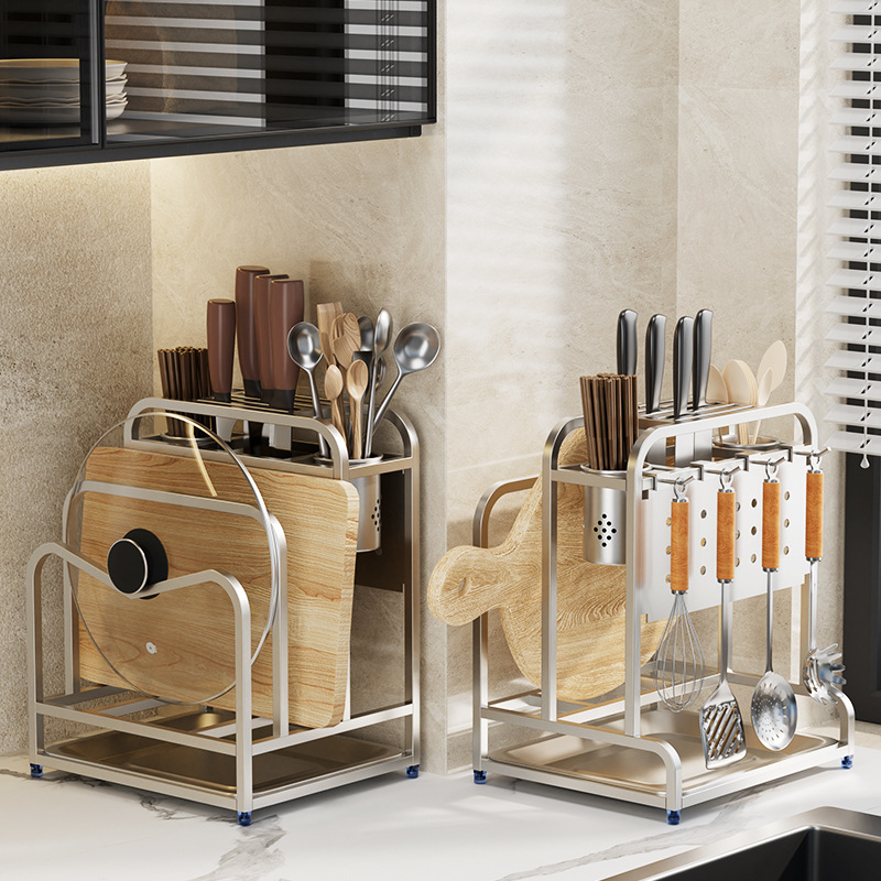 Stainless steel knife rack shelf cutting board rack integrated kitchen chopping board pot lid knife storage rack counter knife chopstick rack