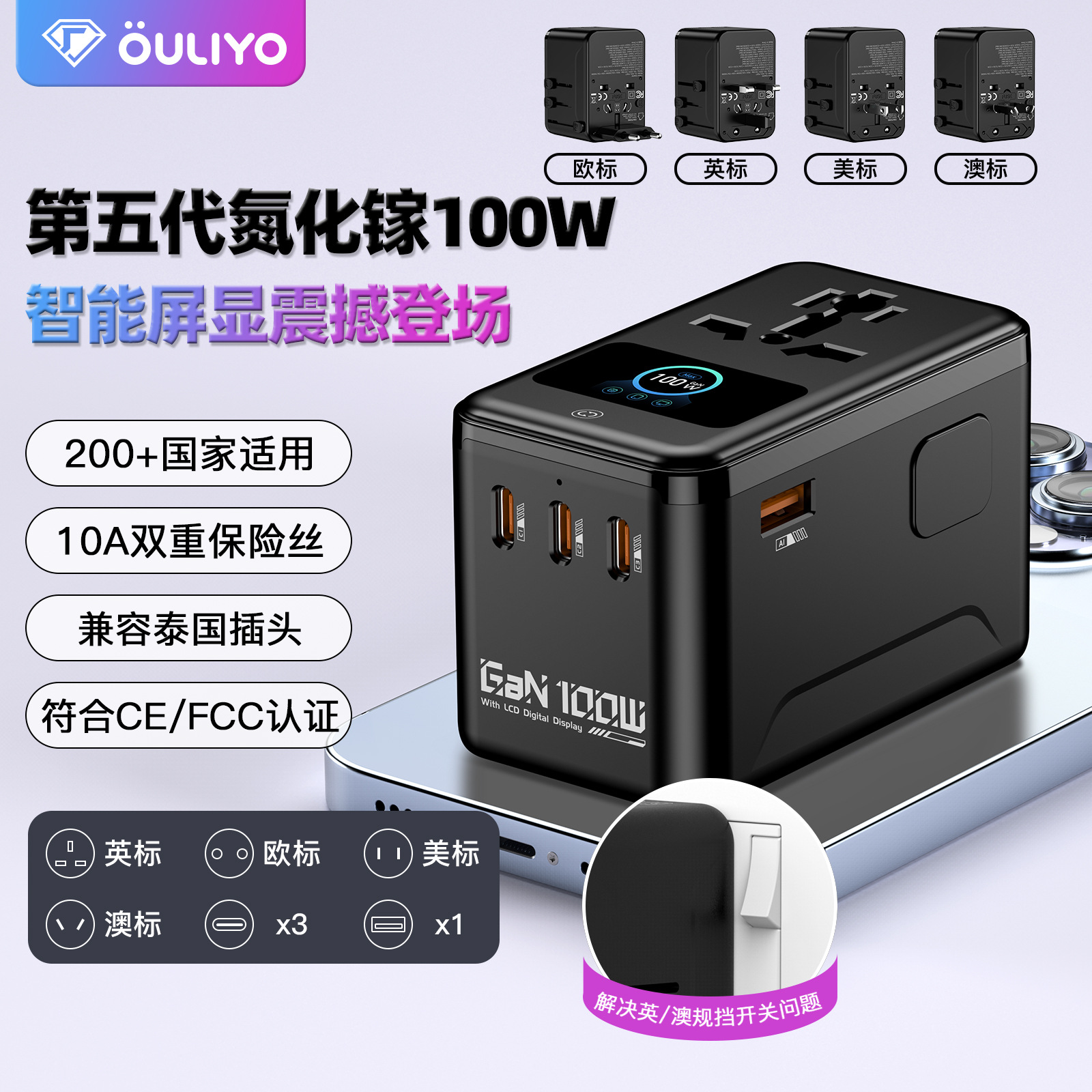 PD100W Digital Display Animation Global Travel GaN Fast Charging Converter Socket Display Adapter Plug