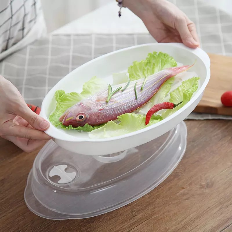 Food-grade large fish steaming plate, microwave-safe with lid, steamer basket, plastic steamer, microwave accessories