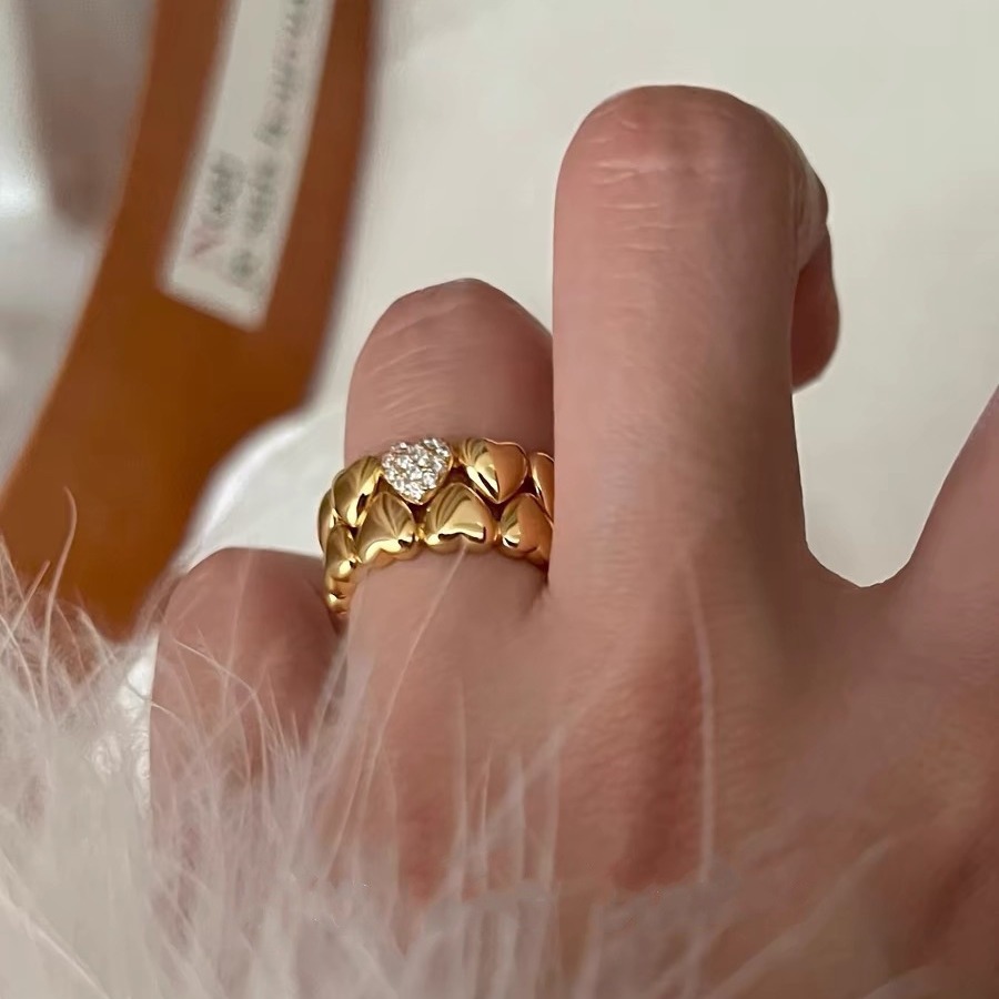 Vintage heart ring, plated 18k gold with zircon, double layer stacked rhinestone heart index finger ring