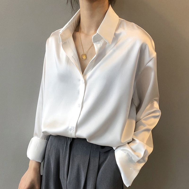 Acetate silk satin white shirt women 2026 spring autumn winter new niche layering top