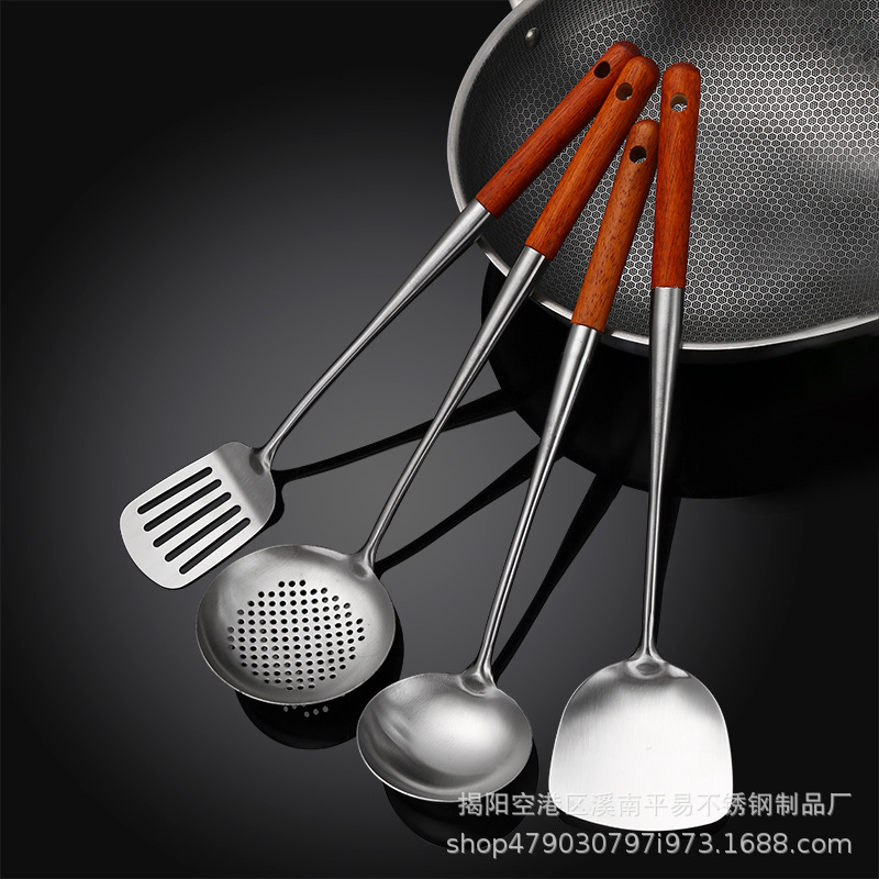 304 Stainless Steel Spatula Extended Wooden Handle Frying Spatula Spoon Cooking Spoon Kitchen Supplies Cookware Set