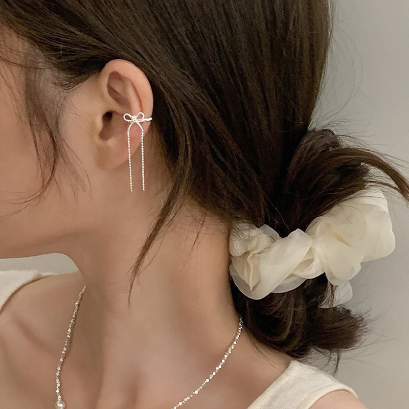 Bow Ear Clip No Piercing Chanel Style Earring Face Slimming Zircon Long Tassel Ear Cuff for Women