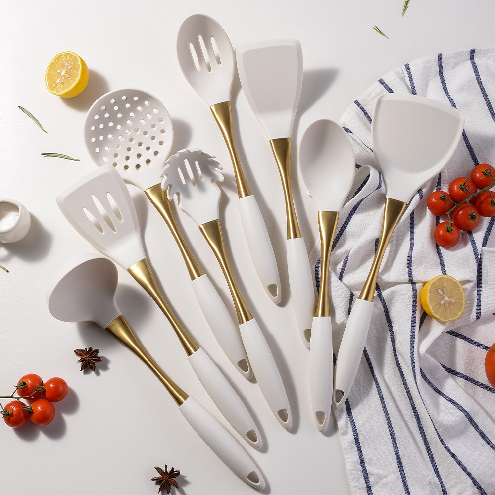 304 Stainless Steel Gold Plated Handle Silicone Cooking Kitchenware Silent Spatula Soup Spoon 8-Piece Set