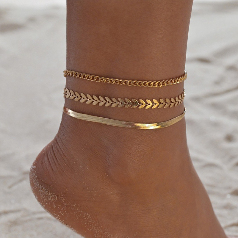 Rongshang Accessory Anklet Set Women's Anklet Three-Piece Flat Snake Wheat Chain Ankle Ornament