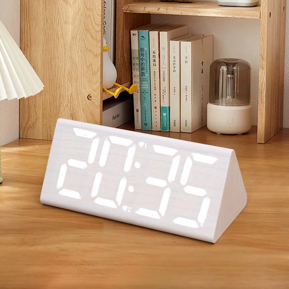 Large Triangle Wooden Clock Wood Grain Clock LED Silent Electronic Clock Simple Snooze Workday Alarm Clock