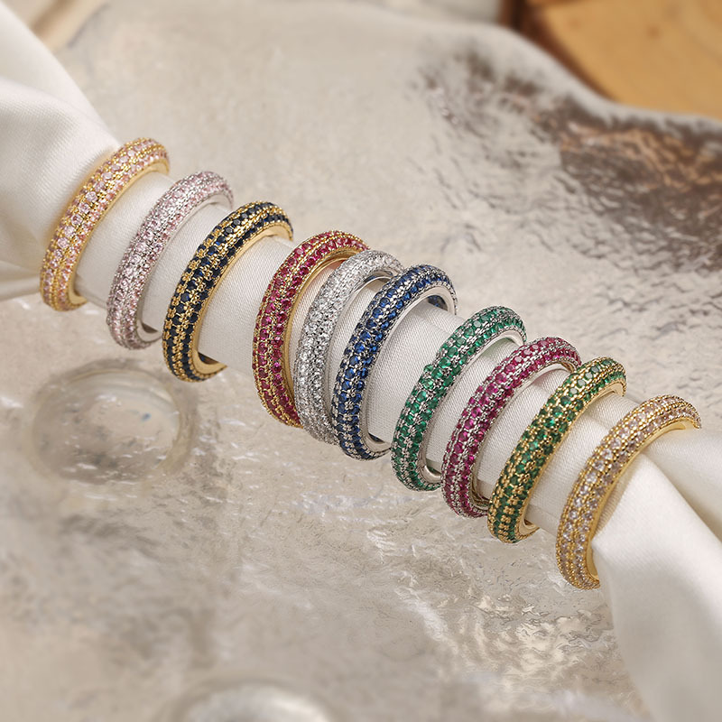 Copper Micro-Set Colorful Diamond Size 6-8 Round Ring Unique Row Diamond Circle Ladies Layered Ring