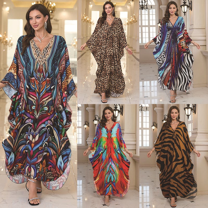 New Cotton Position Print Vacation Beach Long Dress Women Loose Long Dress Bikini Cover Up Sun Protection