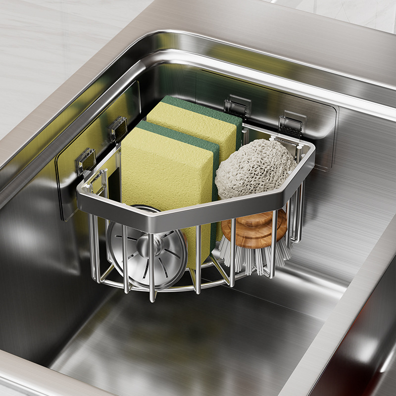 Stainless steel kitchen sink corner sponge storage basket bathroom nail-free shelf triangle no-drill drain rack