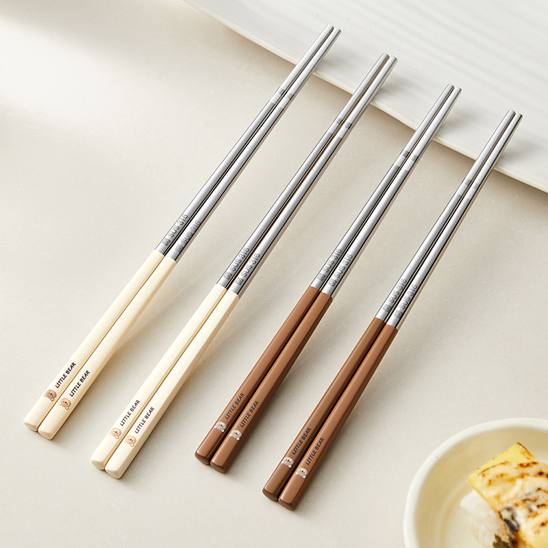 【Hedouc】Home Chopsticks Anti-slip Bear 316 Stainless Steel Chopsticks Anti-scalding Children Adult Kitchen Supplies Tableware