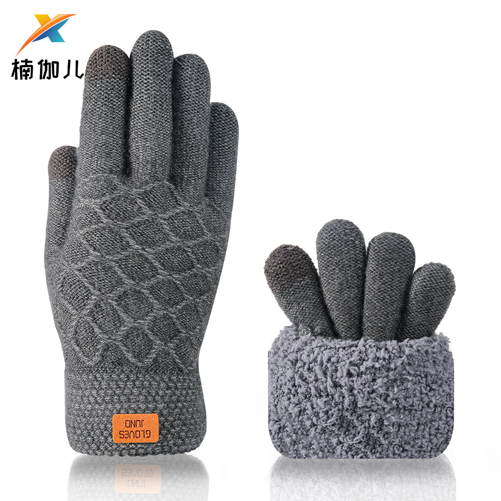 Touchscreen Gloves Winter Warm Cold-Proof Double-Layer Fleece-Lined Thick Men Black Wool Cycling Knit Touchscreen