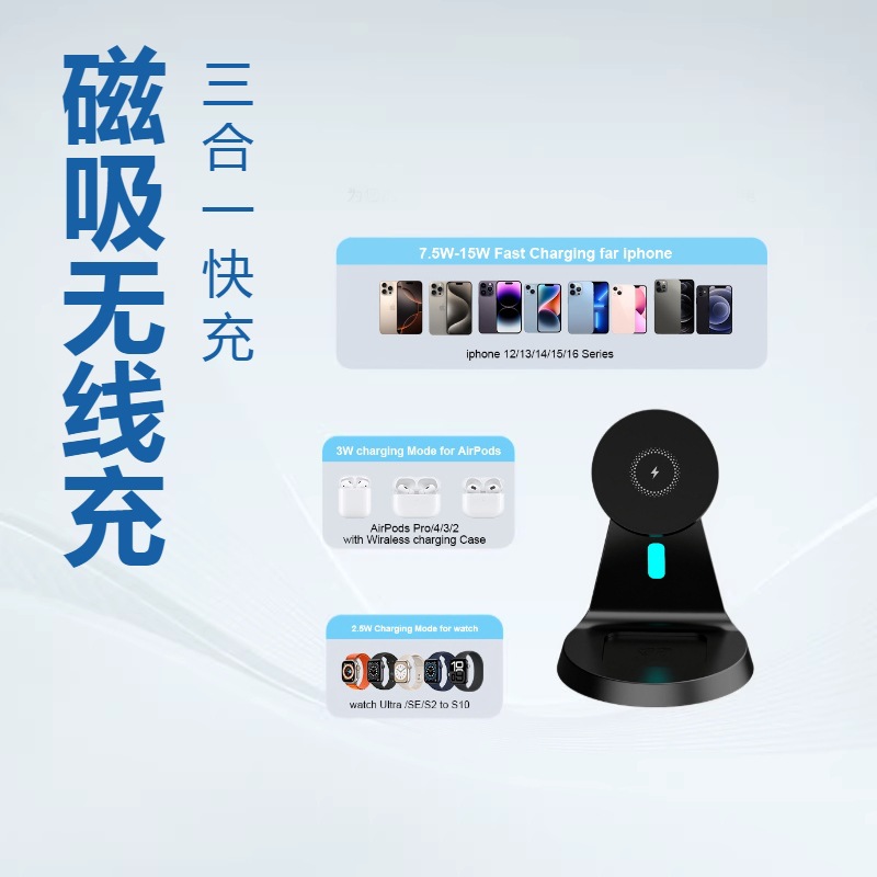 Cross-border magnetic wireless charger three-in-one for Apple phone watch earphone fast charging wireless charger