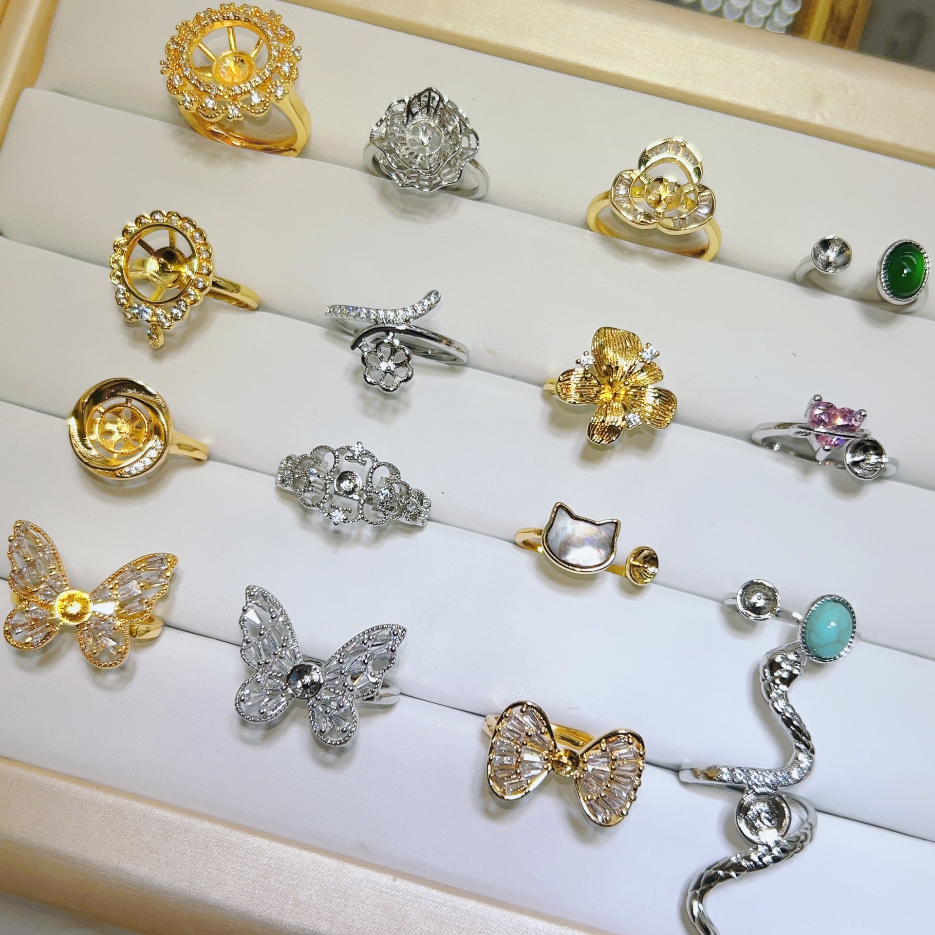 DIY Pearl Ring Accessories Gold-Plated Flower Butterfly Ring Holder Petal Pearl Ring Empty Mount Open