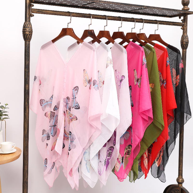 Summer Sun Protection Imitation Silk Shawl Butterfly Print Sun Protection Shawl Gift Silk Scarf Shawl