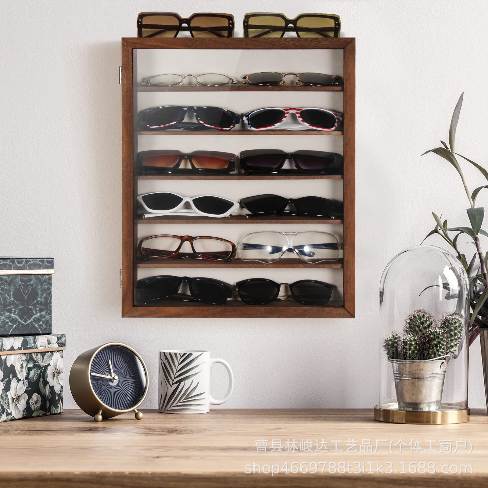 Wooden wall-mounted glasses storage rack, multi-layer sunglasses display stand, store hanging rack, solid wood storage