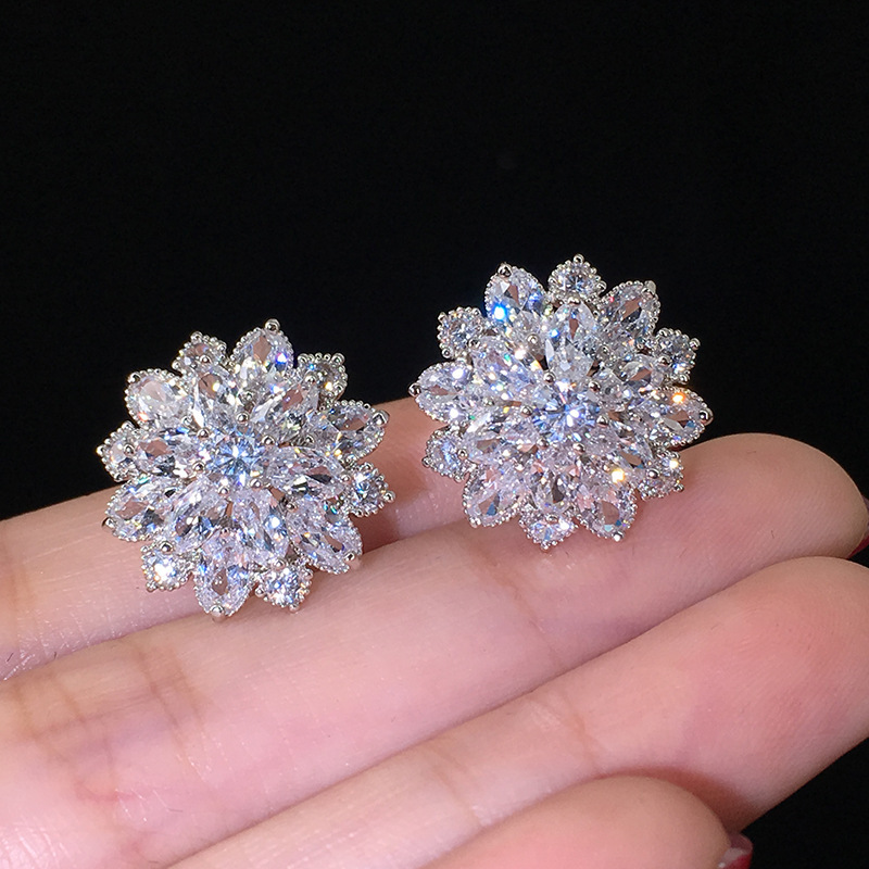 Cao Shi eBay New Luxurious Sunflower Double-Layer Zircon Women's Earrings Women's Copper Ear Accessories
