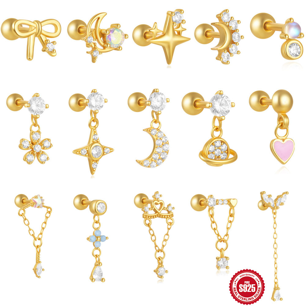 New S925 silver moon star pendant earring twisted ball threaded ear bone stud cartilage piercing accessories