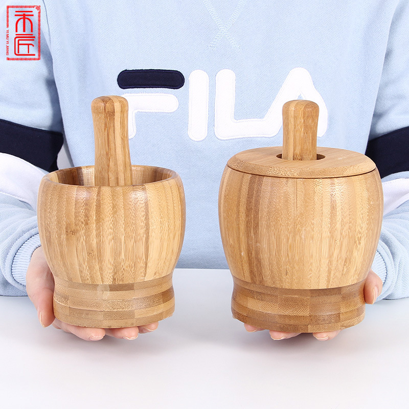 Bamboo garlic masher, home kitchen food stirrer, mortar, garlic press, garlic grinder, with lid, garlic masher