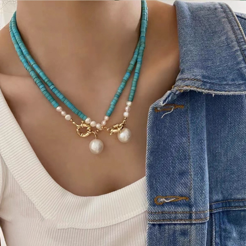 Freshwater pearl handmade beaded stunning baroque simple turquoise necklace锁骨链