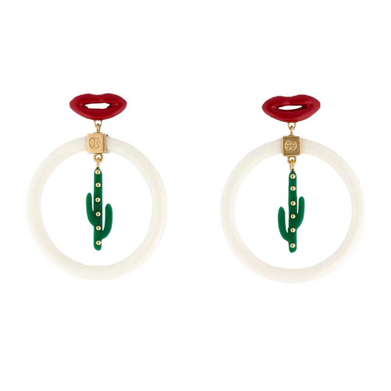 Enamel red lips green resin cactus white large hoop ear studs earrings earrings