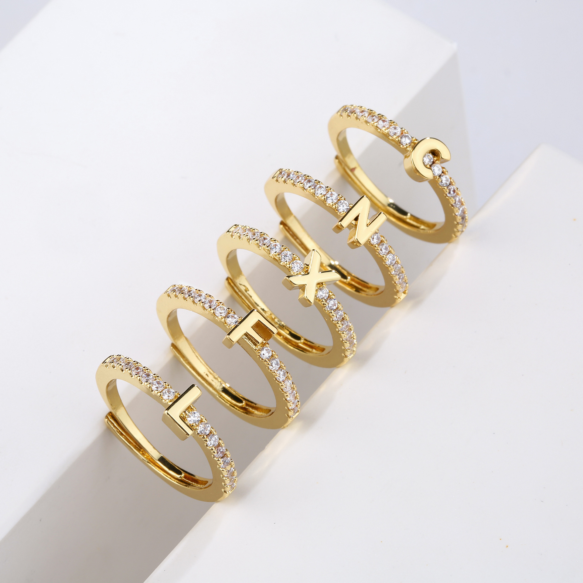 HECHENG Jewelry New Micro-Set Letter Ring 26 English Letters Zircon Ring Open Adjustable