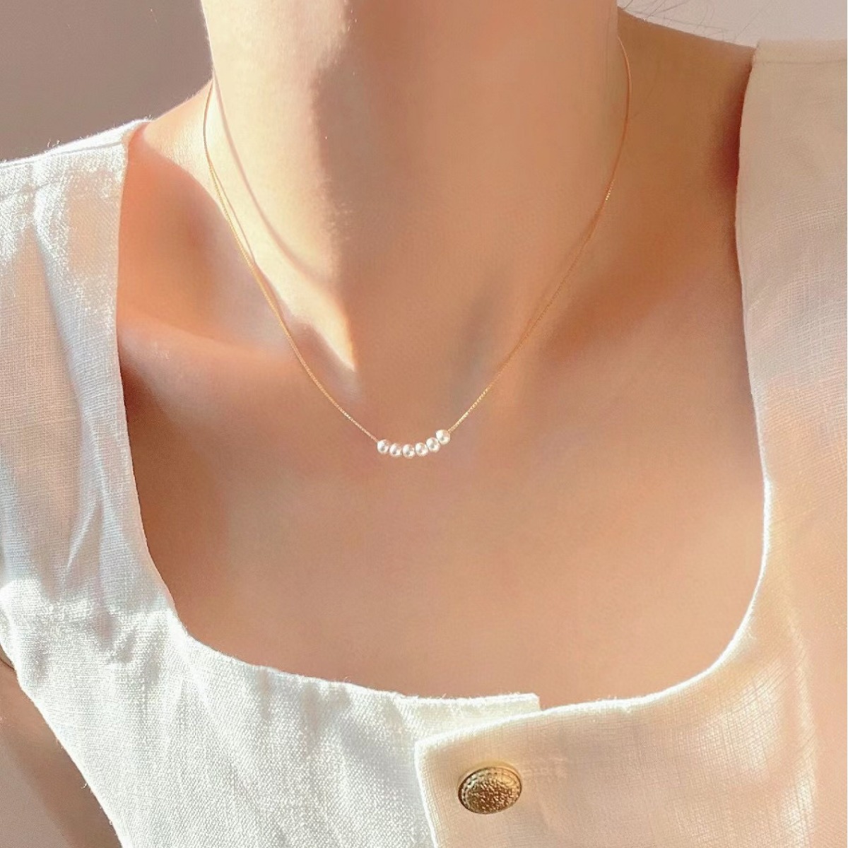 New 925 Sterling Silver Necklace Simple Accessories Natural Freshwater Pearl Smile Collarbone Chain for Women