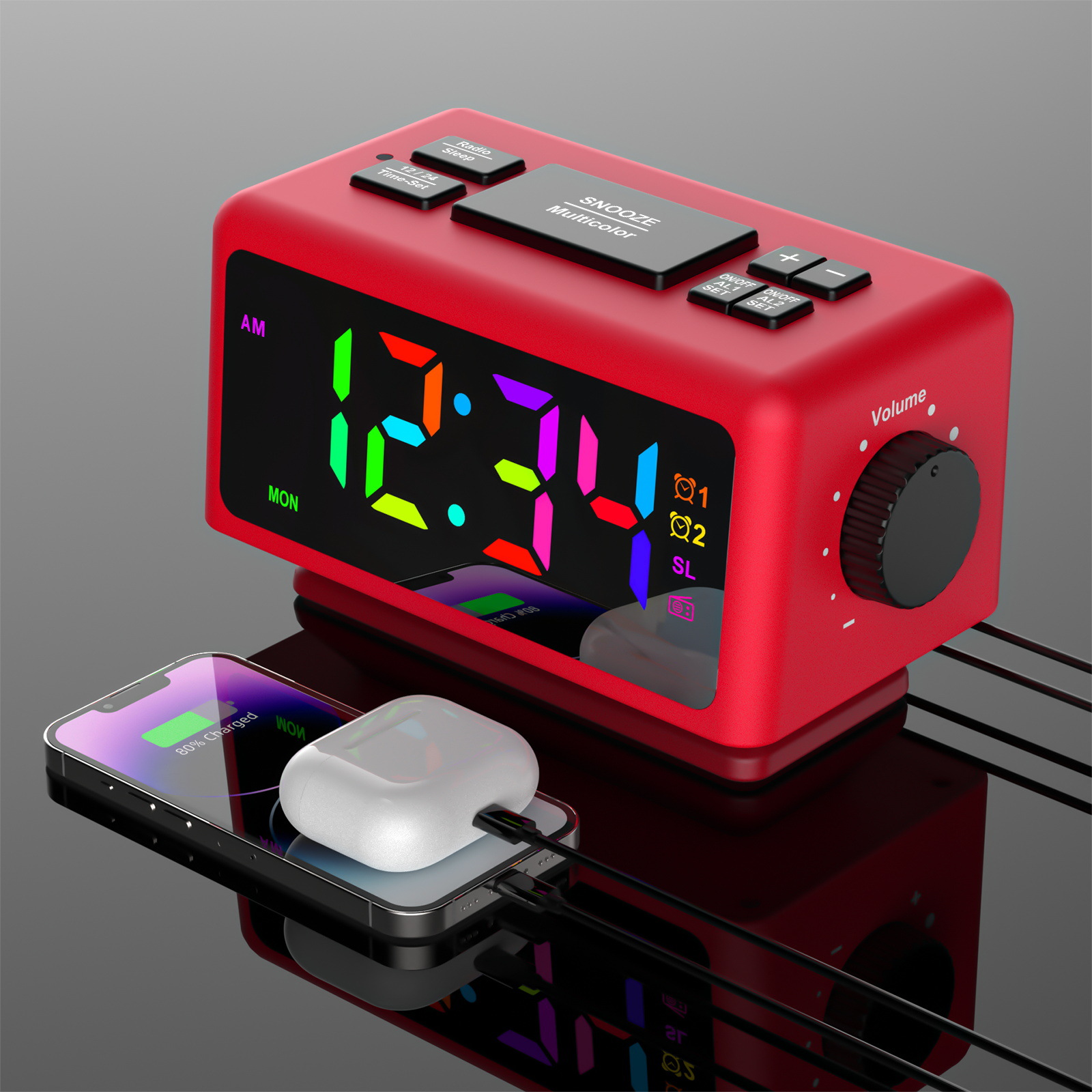 New Calendar Radio Alarm Clock RGB Colorful Mirror Large Screen Display Electronic Clock