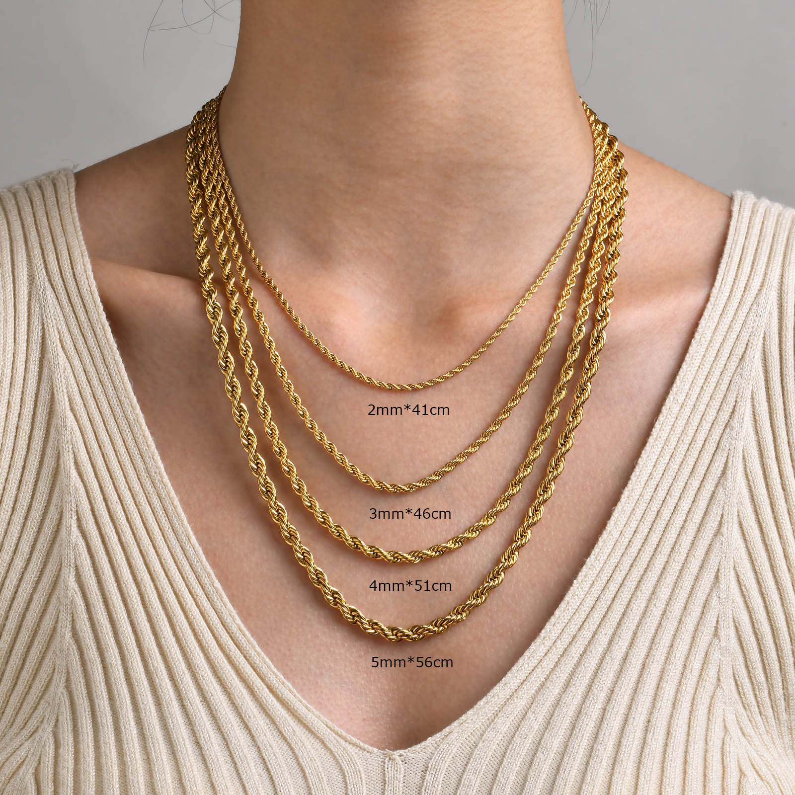 Titanium Steel Hemp Rope Necklace Thick 2/3/4/5MM Collarbone Chain Stainless Steel Women's Gold Layered Twist Chain