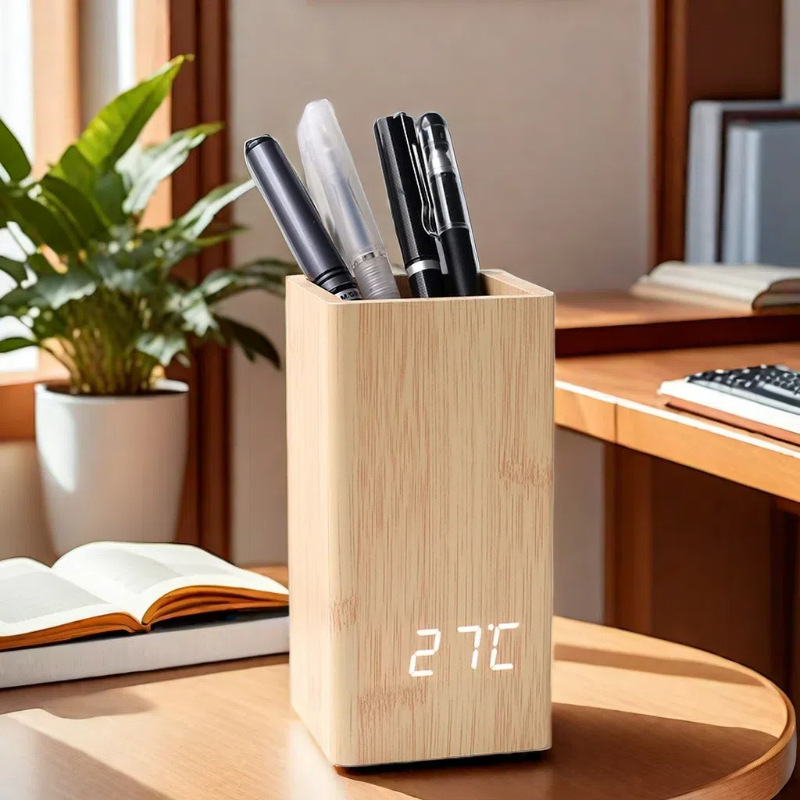 Factory sale office desk storage pen holder wooden clock, desktop silent electronic clock, LED time voice-activated alarm clock