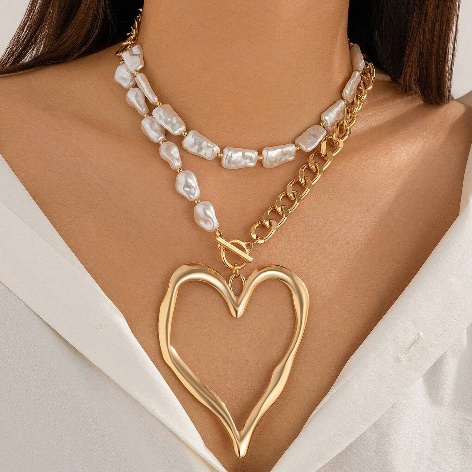 Accessories Imitation Pearl Bead Chain Double Necklace for Women Niche Big Heart Necklace