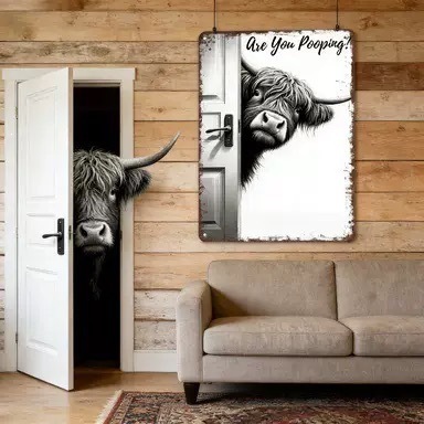 Galvanized Plate Hanging Animal Decoration Metal Craft Highland Cow Tinplate
