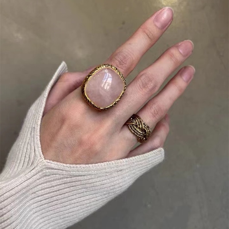 French AB pink crystal ring for women, metallic sense exaggerated turquoise index finger ring