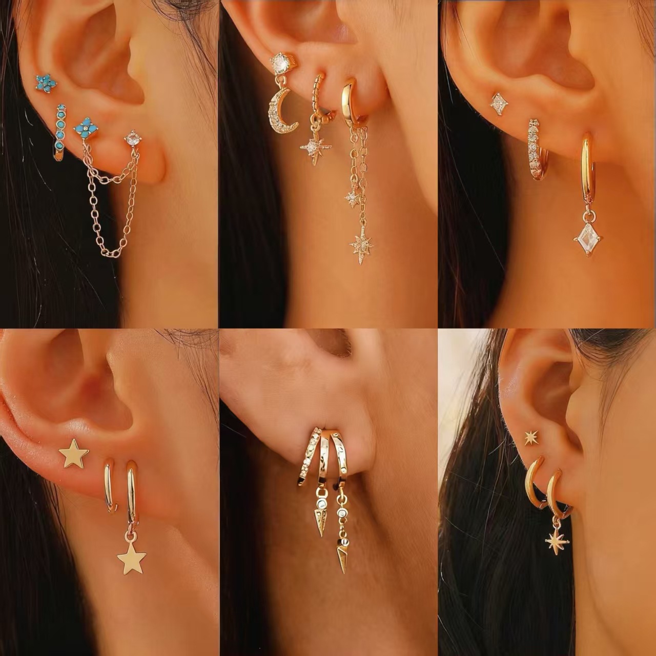 Star Moon Asymmetrical Earring Three-Piece Set Zircon Ear Stud Ear Cuff