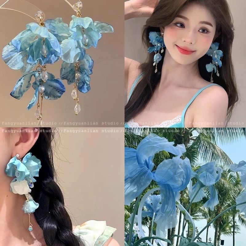 Looking forward to summer twilight ice blue flower tassel earrings women seaside resort style exaggerated ear studs stunning ear accessories