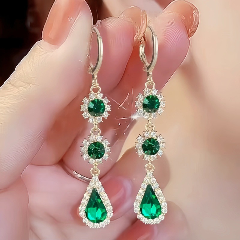 Long rhinestone emerald ear hook earrings waterdrop flower zircon ear drop ear accessories women