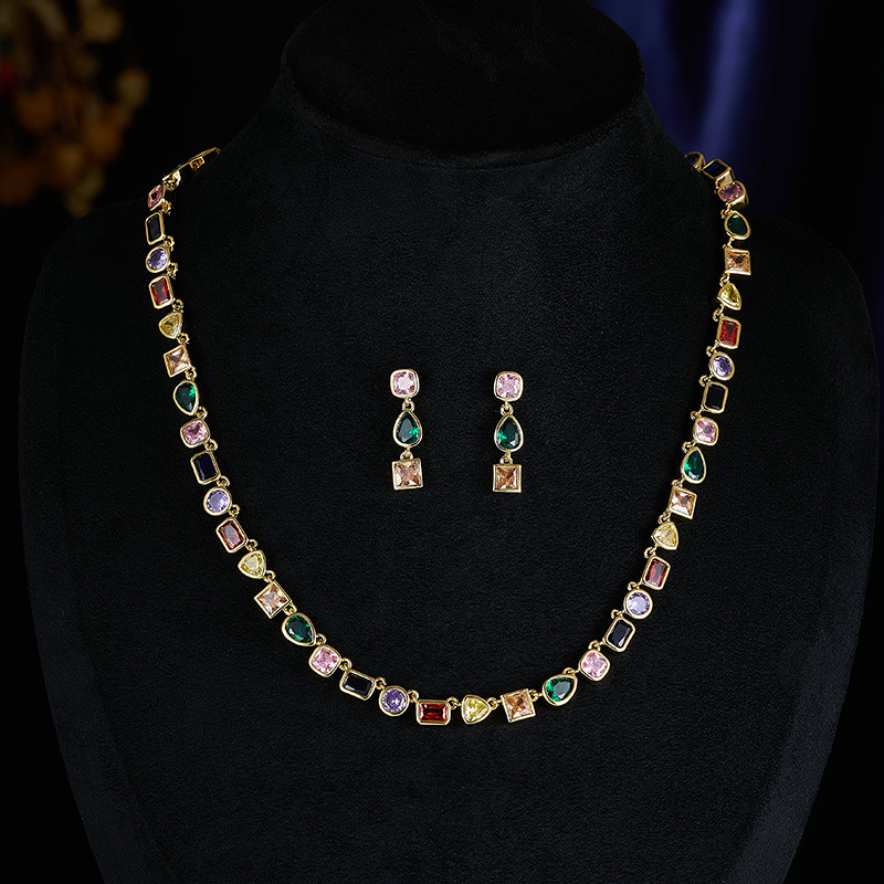 Wind earring necklace women's simple inlaid colored zircon irregular geometric necklace set