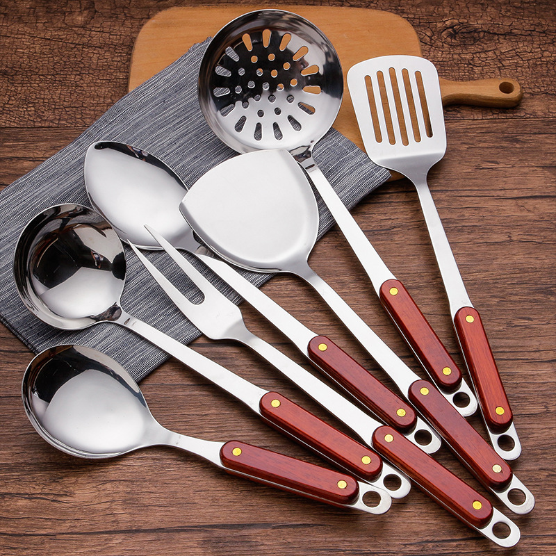Thickened stainless steel wooden handle soup spoon, spatula, kitchen utensils, kitchenware set, spatula, high temperature resistant, home use