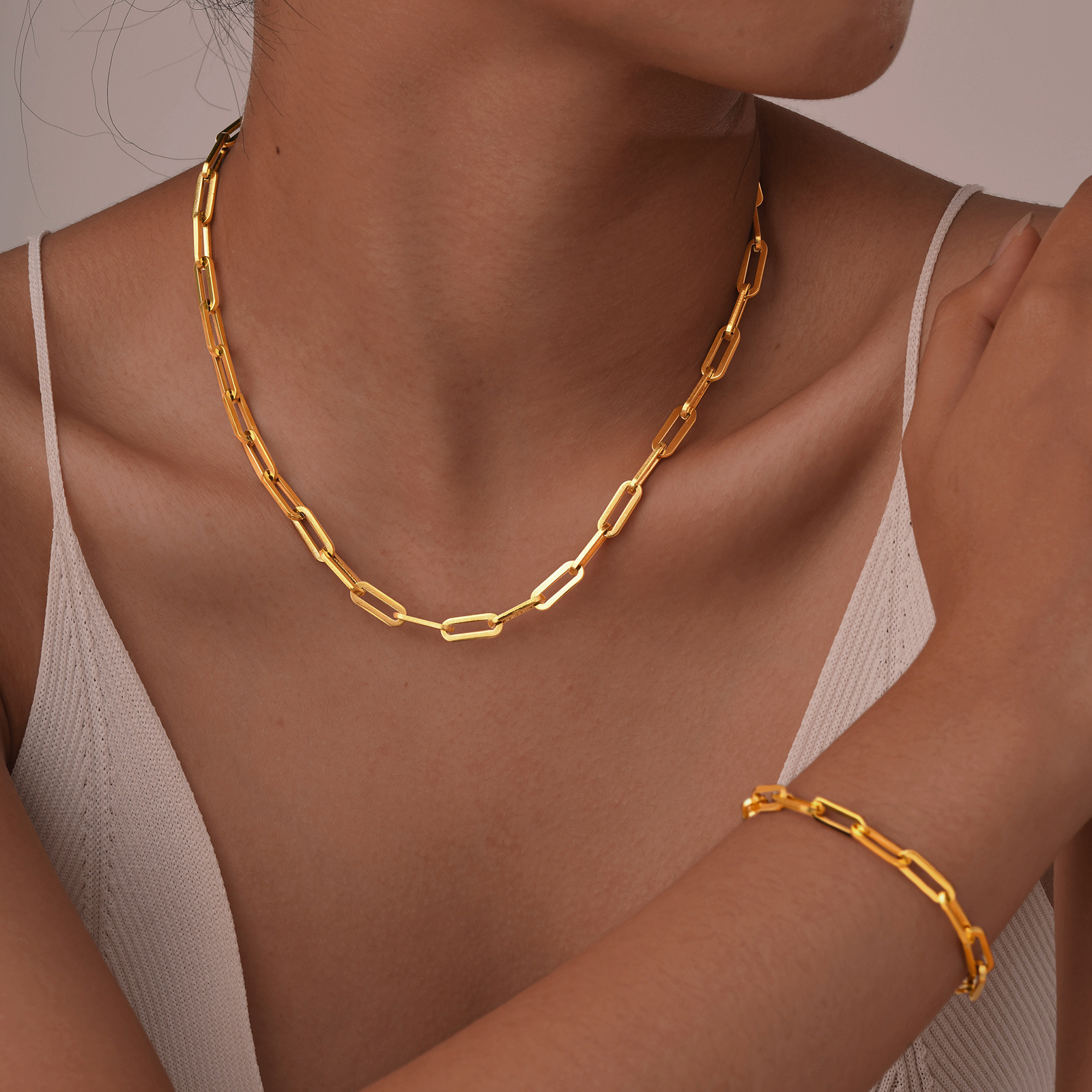 Style Simple Geometric Necklace Bracelet Rectangular Chain Stainless Steel Women's 18K Gold Plated Accessories