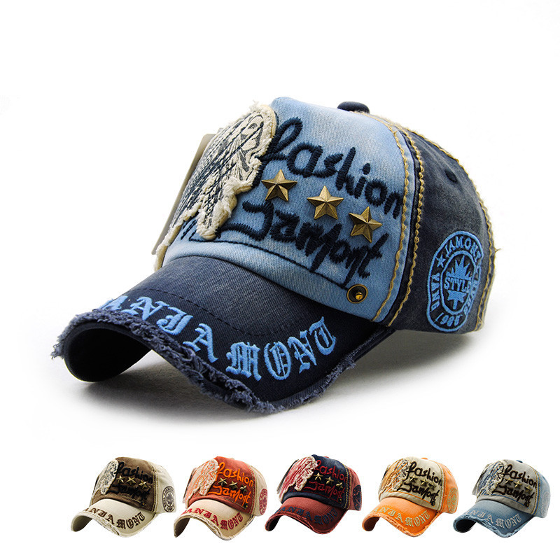 Hat with letter patch and rivet casual baseball cap, worn-out outdoor cap for men and women, cotton