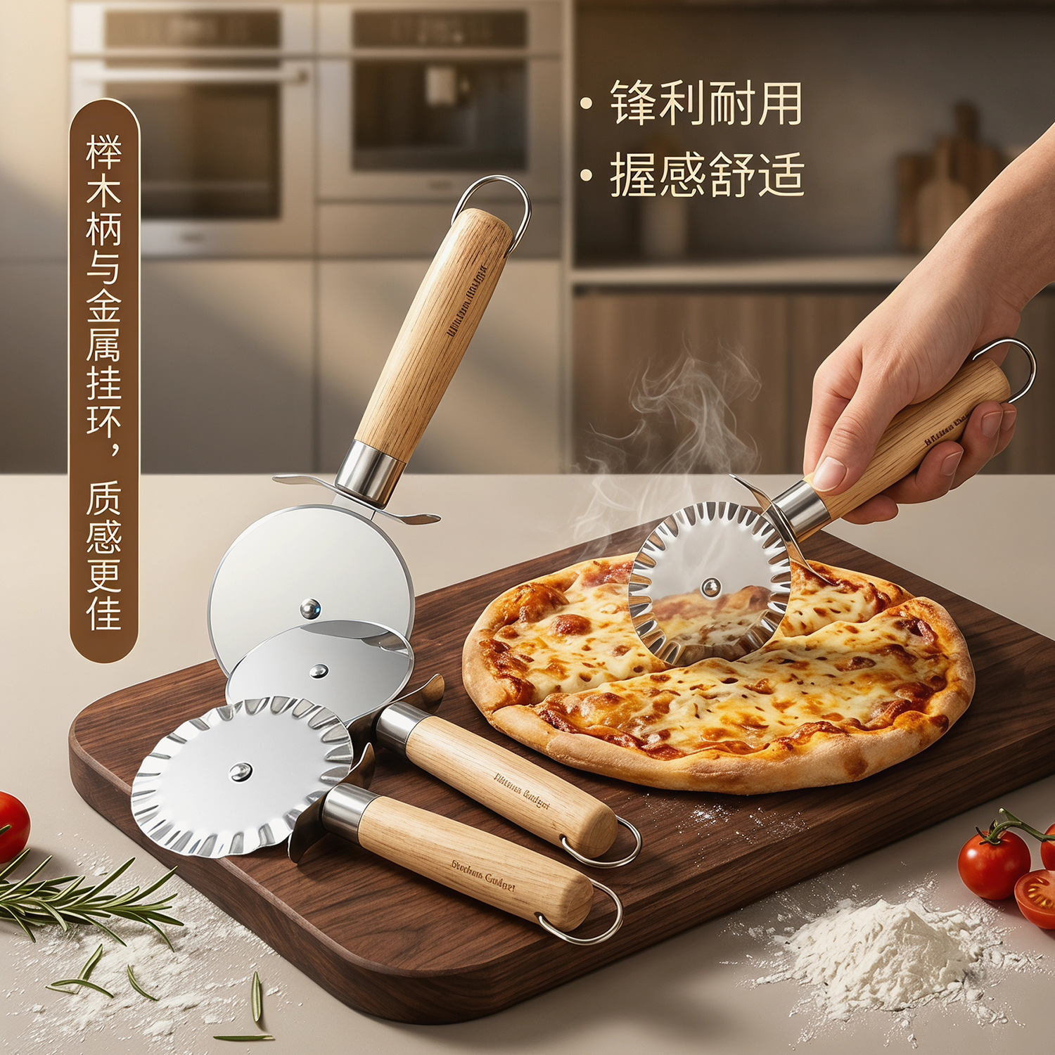 Kitchen gadget wooden handle small kitchenware stainless steel single wheel pastry cutting dough cutter pizza rolling cutter