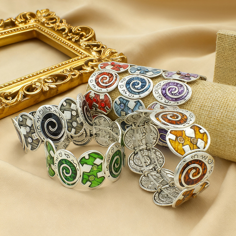 S39 Antique Silver Alloy Jewelry Women's Elastic Oil Drop Bracelet Antique Silver Enamel Color Bracelet