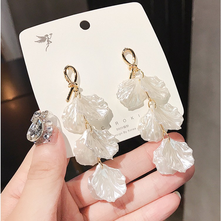 S925 Silver Needle Simple Long Shell Flower Earrings for Women Fresh Shell Flower Tassel Ear Accessories