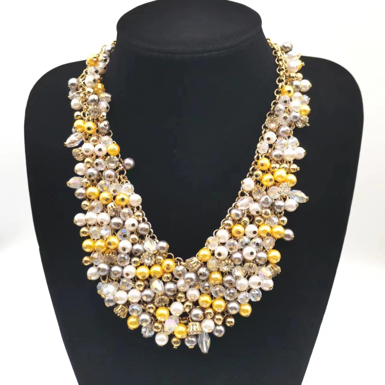Luxury rhinestone multi-layer natural pearl bride necklace ship immediately