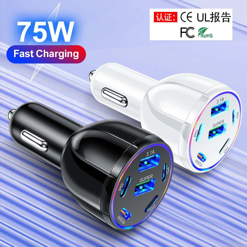 6-in-1 USB+PD Car Phone Charger 3.1A Fast Car Charger